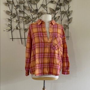 H&M Orange and Pink Plaid Button Down Shirt